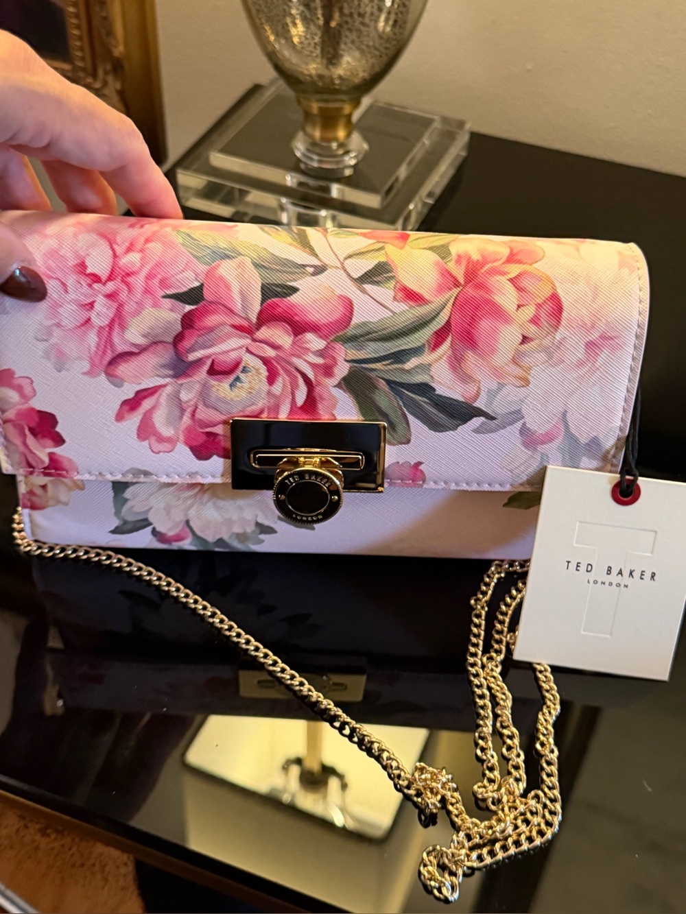 Ted Baker Pink Floral Chain Crossbody Bag with Gold Hardware - Picture 4 of 15